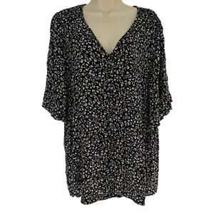 Talbots Blouse Top Flutter Sleeve Floral Button Front Smocking V-Neck Black 24W